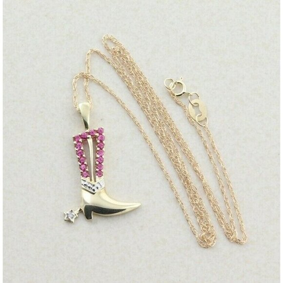 10k Yellow Gold Lab Created Ruby and Diamond Cowboy Boot Necklace 18 inch chain - Picture 4 of 8